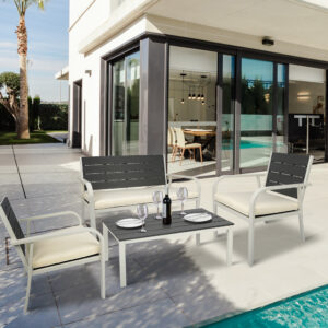 WhiteOutdoor Furniture Set with Cushions Coffee Table