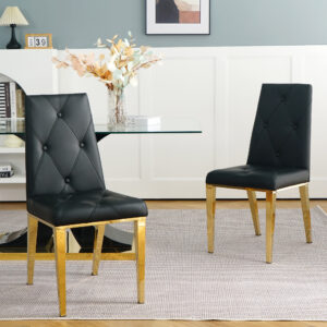 Simple Luxury Dining Chair Set of 2 Black PU Fabric Gold