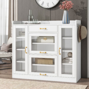 Modernist Side Cabinet with Glass Doors & Hooks, Shoe Rack